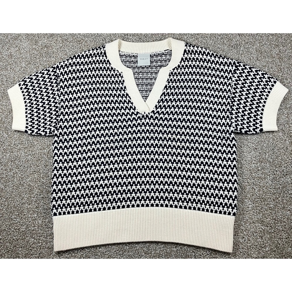 Varley Dora Knit Top Black White Geometric Split Neck Cotton Sweater Size Large